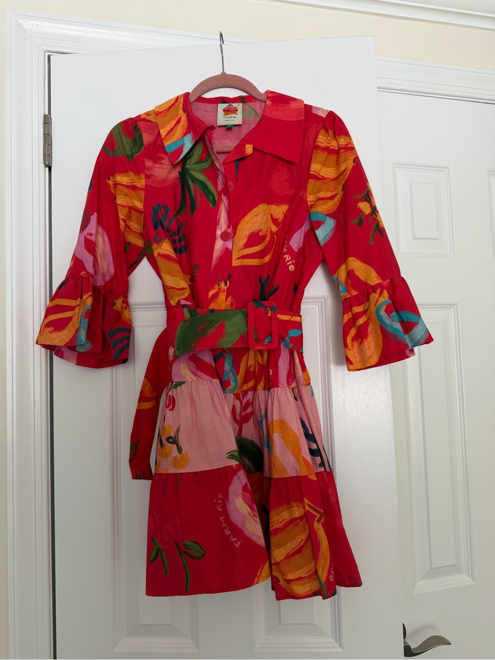 FARM Rio Tropical Red Floral Belted Tiered Dress